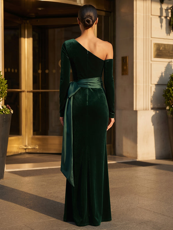 Sheath/Column Off Shoulder Velvet Maxi Formal Dresses with Bow