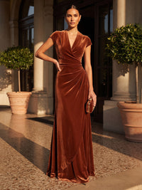 A-Line/Princess V-Neck Velvet Maxi Formal Dresses with Ruched Waist