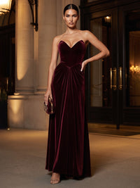 A-Line/Princess Strapless Velvet Maxi Formal Dresses with Ruched Waist
