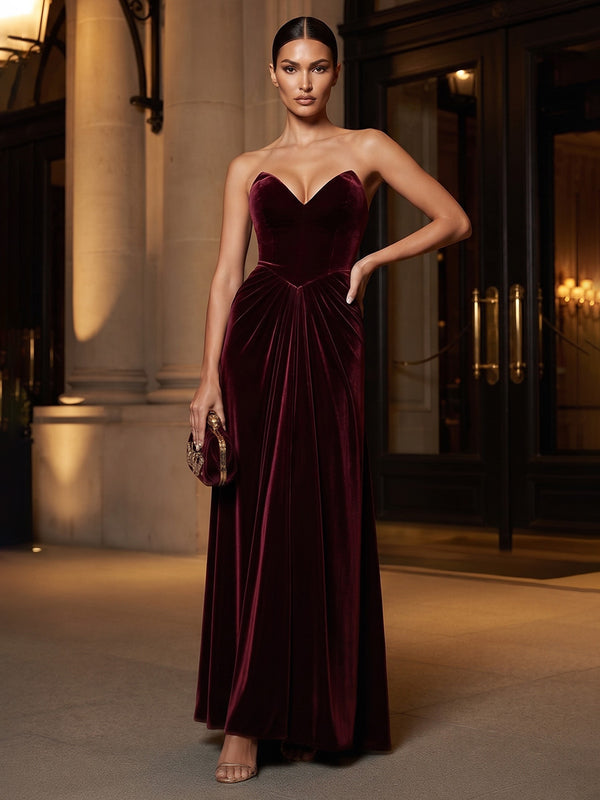 A-Line/Princess Strapless Velvet Maxi Formal Dresses with Ruched Waist