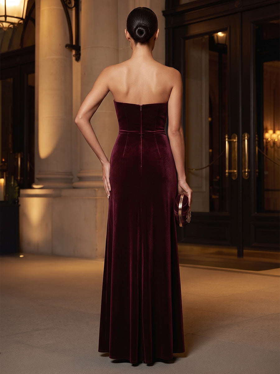A-Line/Princess Strapless Velvet Maxi Formal Dresses with Ruched Waist