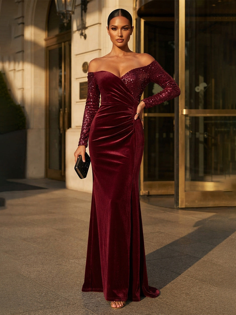 Sheath/Column Off Shoulder Velvet Maxi Formal Dresses with Ruched Waist & Sequin