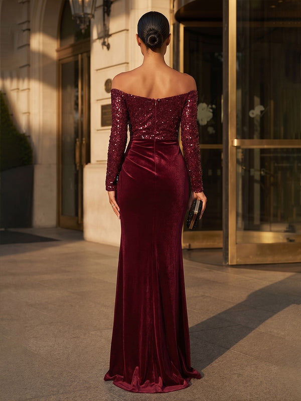 Sheath/Column Off Shoulder Velvet Maxi Formal Dresses with Ruched Waist & Sequin
