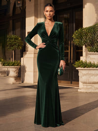 Sheath/Column V-Neck Velvet Maxi Formal Dresses with Ruched Waist