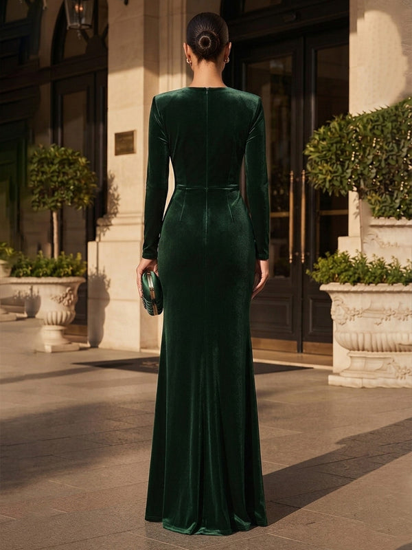 Sheath/Column V-Neck Velvet Maxi Formal Dresses with Ruched Waist