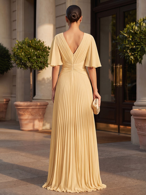 A-Line/Princess V-Neck Chiffon Maxi Formal Dresses with Pleats & Ruched Bodice