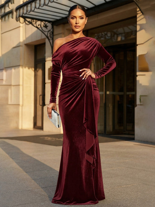 Mermaid/Trumpet Off Shoulder Velvet Maxi Formal Dresses with Ruched Waist