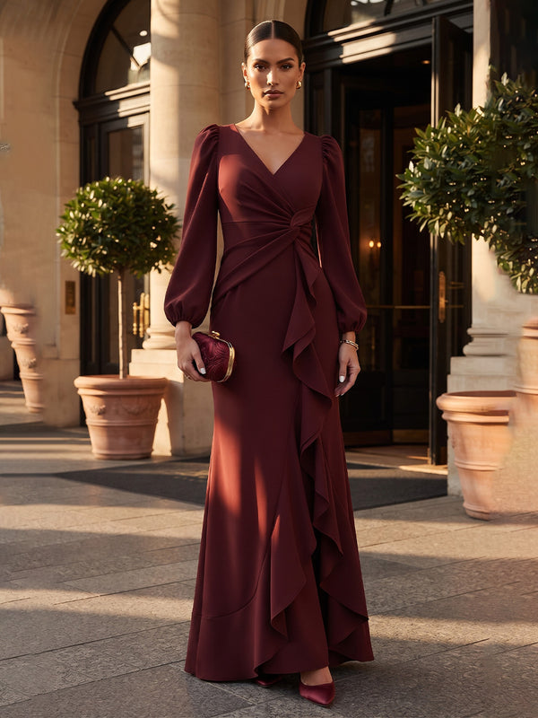 Mermaid/Trumpet V-Neck Satin Maxi Formal Dresses with Ruffles & Ruched Waist