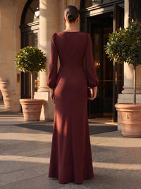 Mermaid/Trumpet V-Neck Satin Maxi Formal Dresses with Ruffles & Ruched Waist