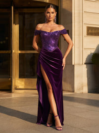 Sheath/Column Off Shoulder Velvet Maxi Formal Dresses with Sequin, Ruched Waist, Ruffles & Slit