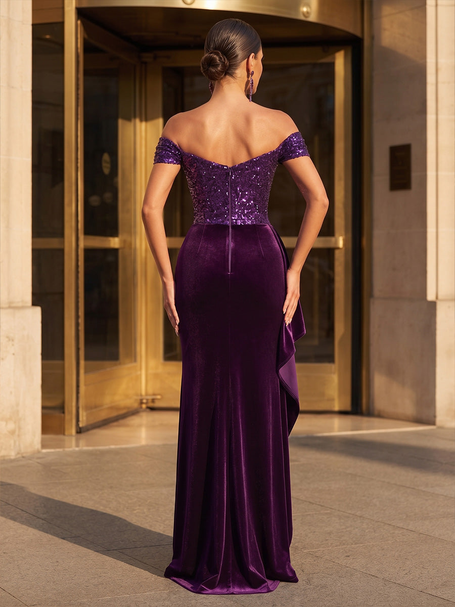 Sheath/Column Off Shoulder Velvet Maxi Formal Dresses with Sequin, Ruched Waist, Ruffles & Slit