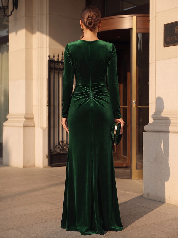 Sheath/Column V-Neck Velvet Maxi Formal Dresses with Ruched Waist & Slit