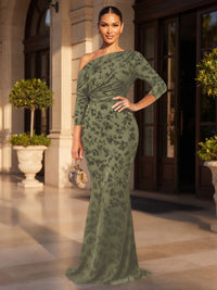 Mermaid/Trumpet Off Shoulder Velvet Maxi Formal Dresses with Flower Print & Ruched Bodice