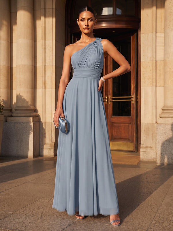 A-Line/Princess One Shoulder Chiffon Maxi Formal Dresses with Pleats & Ruched Bodice