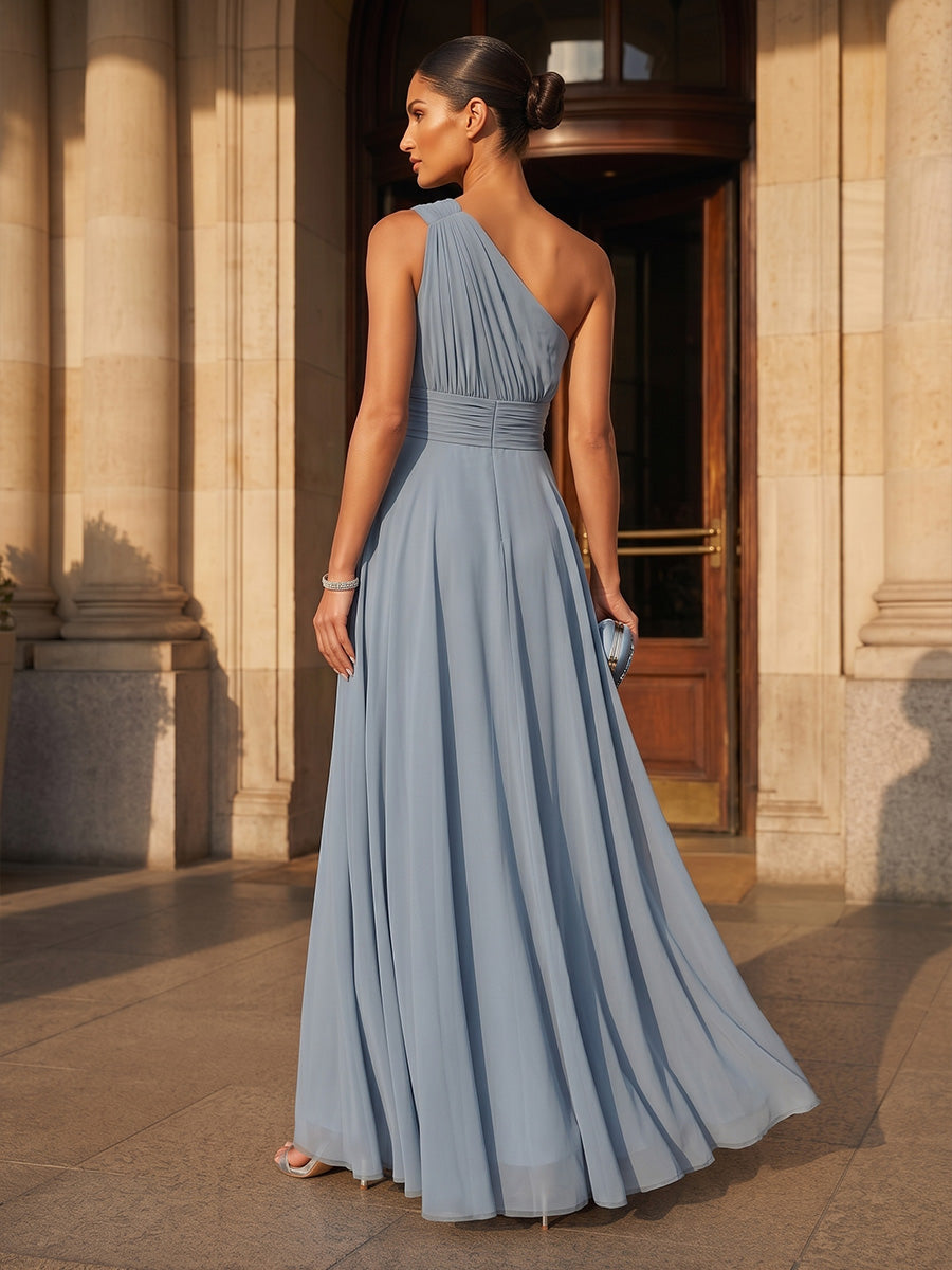 A-Line/Princess One Shoulder Chiffon Maxi Formal Dresses with Pleats & Ruched Bodice