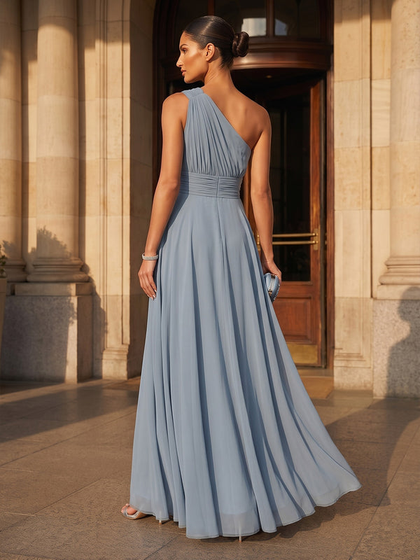 A-Line/Princess One Shoulder Chiffon Maxi Formal Dresses with Pleats & Ruched Bodice