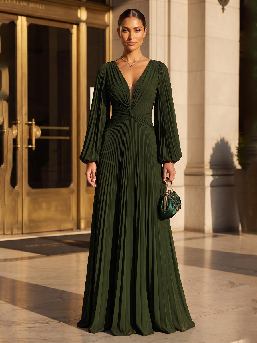 A-Line/Princess V-Neck Chiffon Maxi Formal Dresses with Pleats & Ruched Bodice