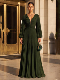 A-Line/Princess V-Neck Chiffon Maxi Formal Dresses with Pleats & Ruched Bodice