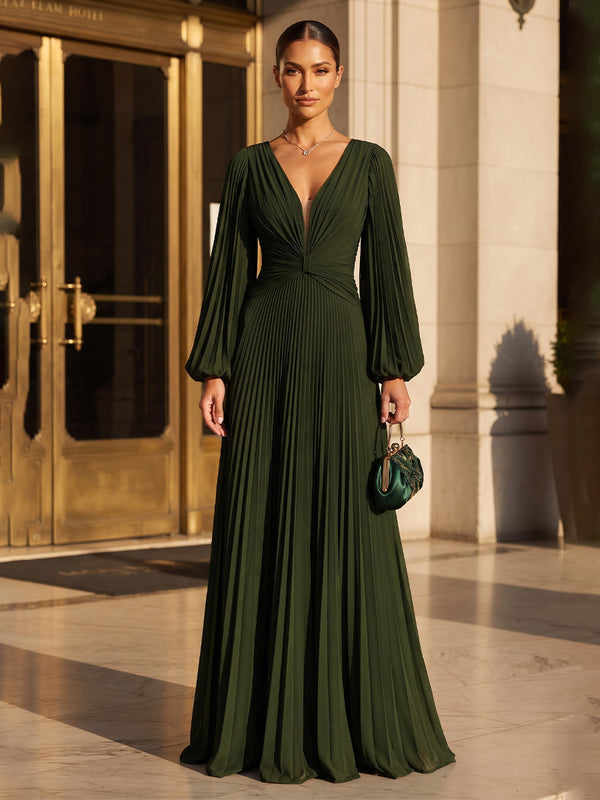 A-Line/Princess V-Neck Chiffon Maxi Formal Dresses with Pleats & Ruched Bodice