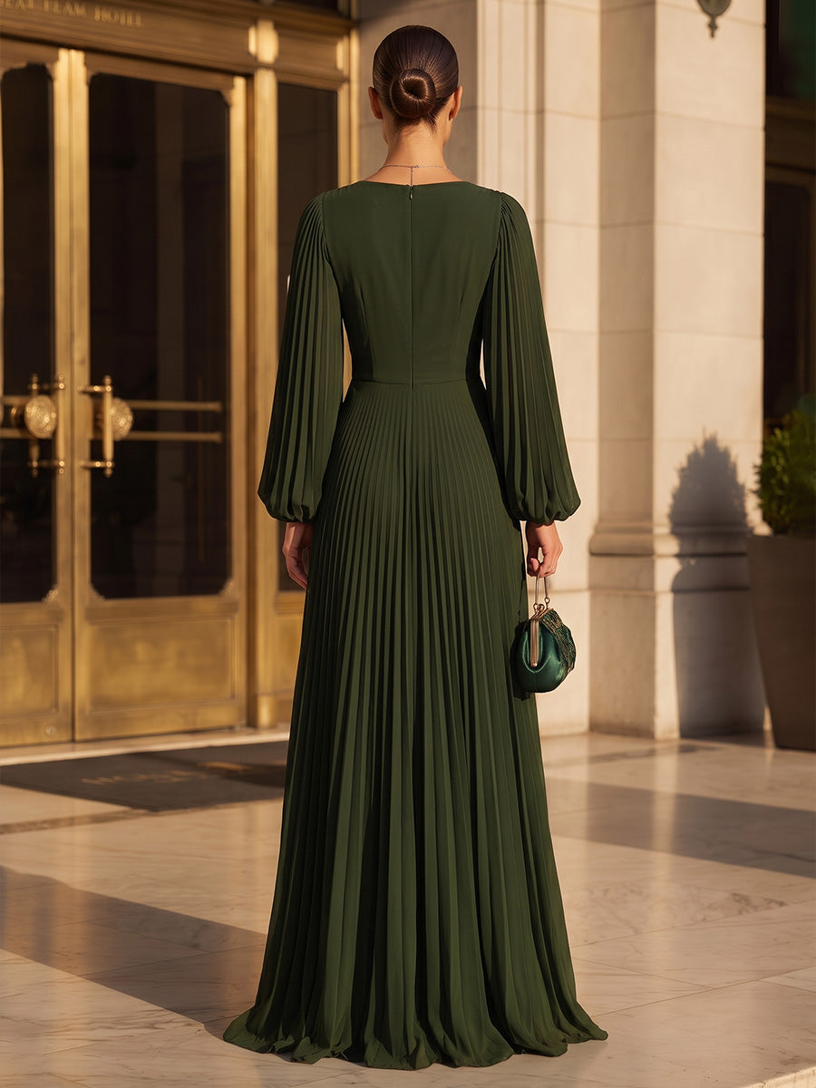 A-Line/Princess V-Neck Chiffon Maxi Formal Dresses with Pleats & Ruched Bodice