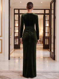 Sheath/Column V-Neck Velvet Maxi Formal Dresses with Ruched Waist, Slit & Side Sash