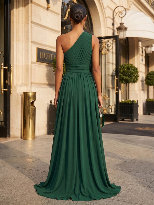 A-Line/Princess One Shoulder Chiffon Maxi Formal Dresses with Pleats, Slit & Ruched Bodice