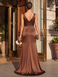 Mermaid/Trumpet V-Neck Satin Maxi Formal Dresses with Ruched Waist & Slit