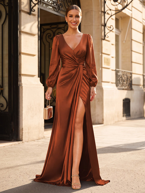 A-Line/Princess V-Neck Satin Maxi Formal Dresses with Ruched Waist & Slit