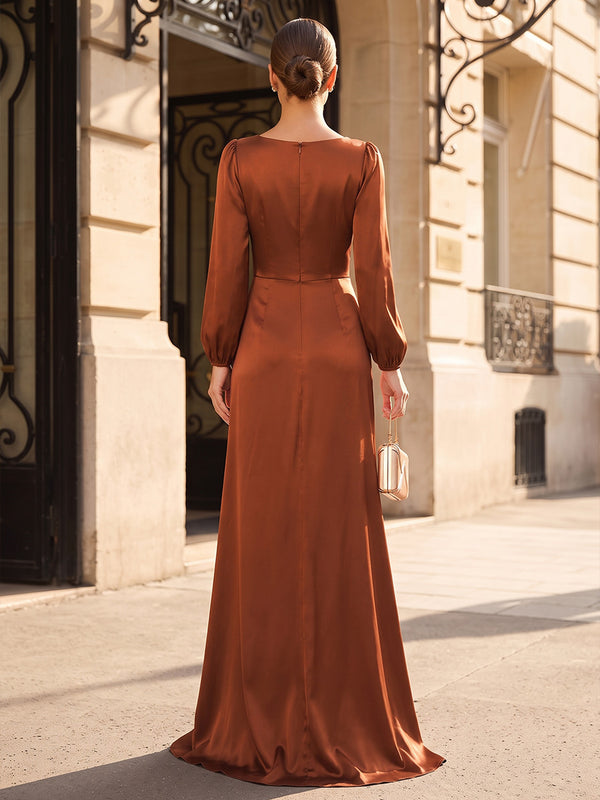 A-Line/Princess V-Neck Satin Maxi Formal Dresses with Ruched Waist & Slit