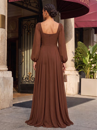 A-Line/Princess Square Neck Chiffon Maxi Formal Dresses with Pleats, Slit & Ruched Bodice