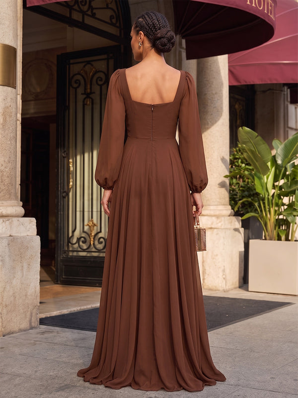 A-Line/Princess Square Neck Chiffon Maxi Formal Dresses with Pleats, Slit & Ruched Bodice