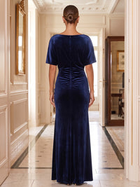 Sheath/Column Scoop Neck Velvet Maxi Formal Dresses with Ruched Waist & Slit