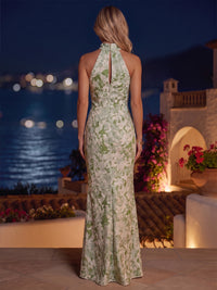 Mermaid/Trumpet Halter Jacquard Maxi Formal Dresses with Ruched Waist