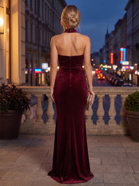 Sheath/Column Halter Velvet Maxi Formal Dresses with Ruched Waist