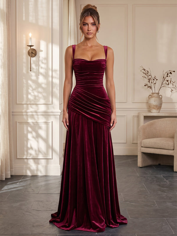 A-Line/Princess Sweetheart Velvet Maxi Formal Dresses with Pleats & Ruched Waist