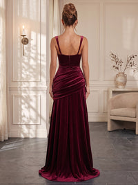 A-Line/Princess Sweetheart Velvet Maxi Formal Dresses with Pleats & Ruched Waist