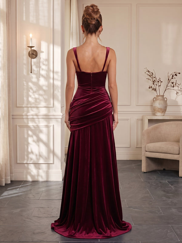 A-Line/Princess Sweetheart Velvet Maxi Formal Dresses with Pleats & Ruched Waist