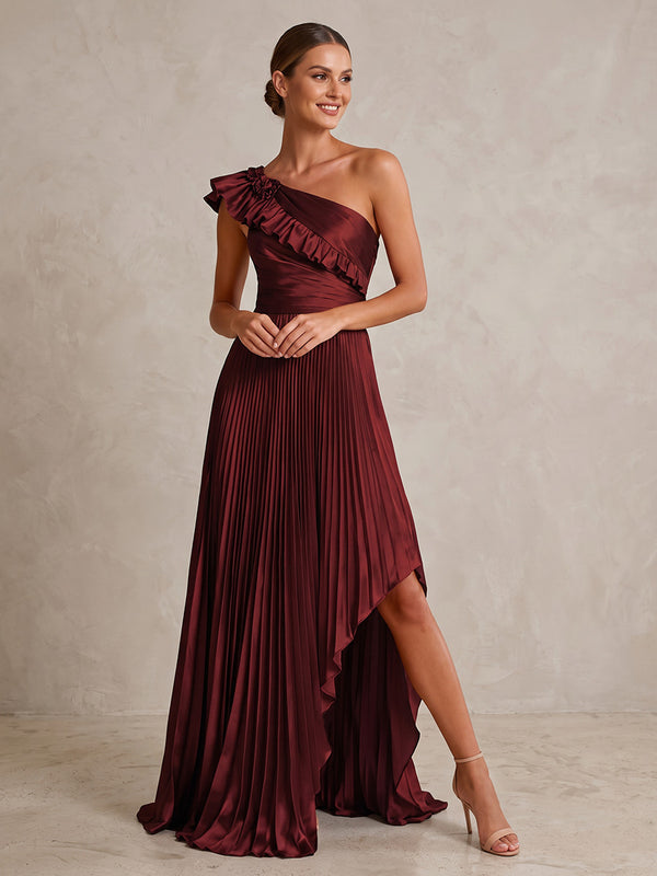 A-Line/Princess One Shoulder Satin Maxi Formal Dresses with Ruffles & Pleats