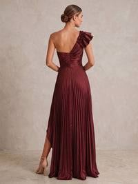 A-Line/Princess One Shoulder Satin Maxi Formal Dresses with Ruffles & Pleats