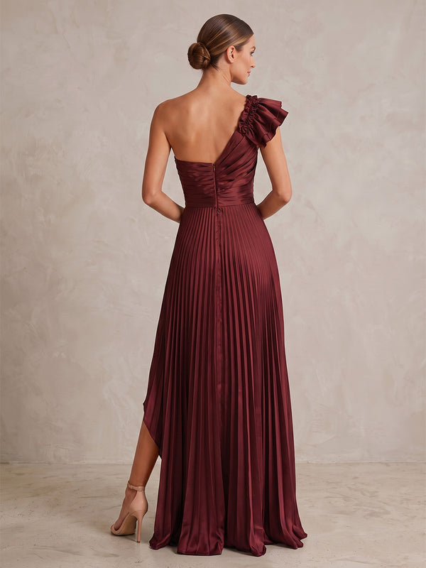 A-Line/Princess One Shoulder Satin Maxi Formal Dresses with Ruffles & Pleats