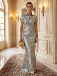 Sheath/Column V-Neck Jacquard Maxi Formal Dresses with Ruched Waist