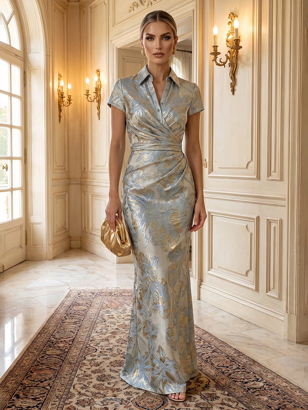 Sheath/Column V-Neck Jacquard Maxi Formal Dresses with Ruched Waist