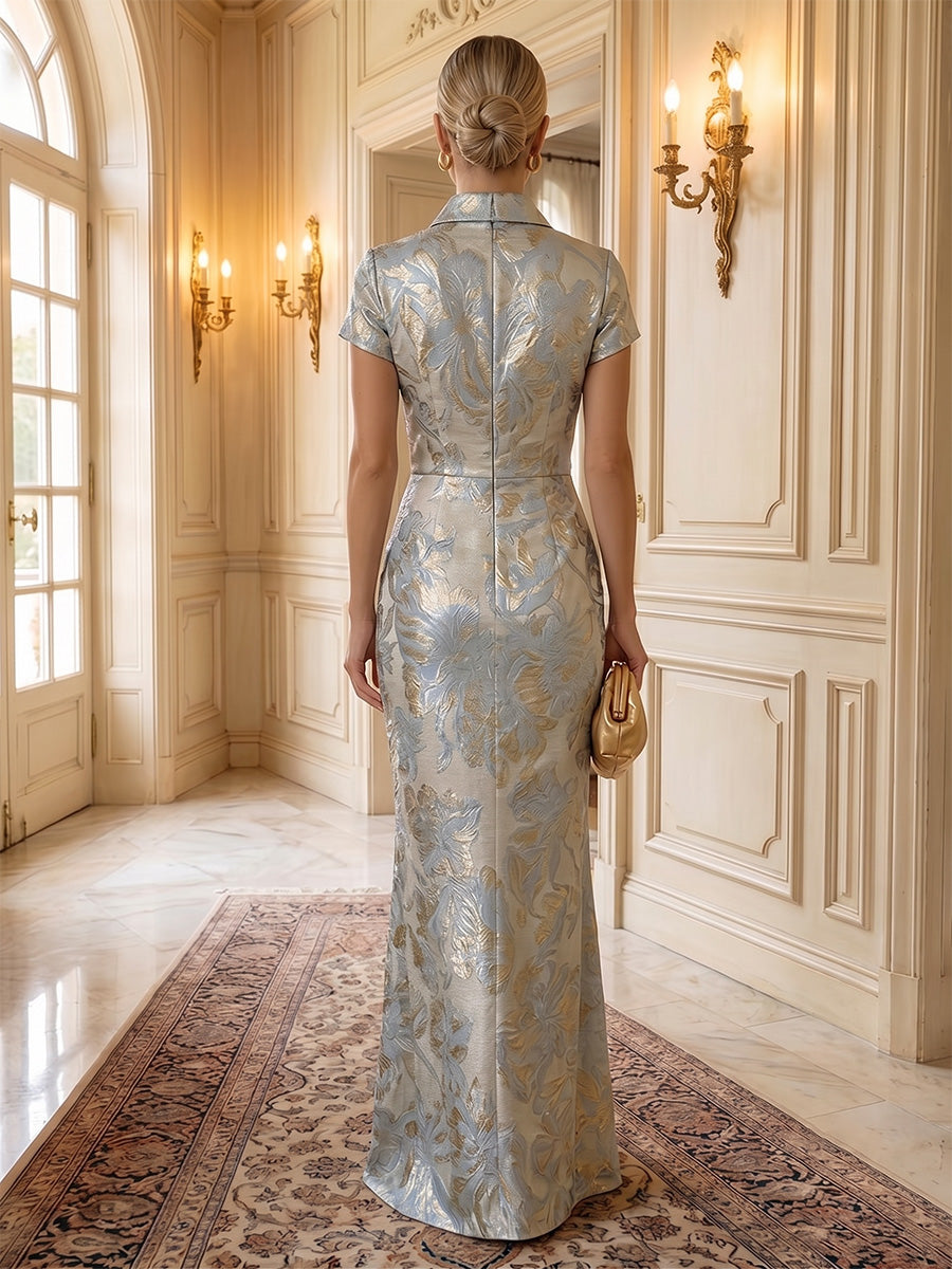 Sheath/Column V-Neck Jacquard Maxi Formal Dresses with Ruched Waist