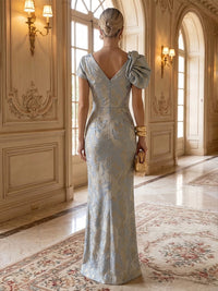 Sheath/Column V-Neck Jacquard Maxi Formal Dresses with Ruched Waist & Slit