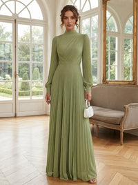 A-Line/Princess High Neck Chiffon Maxi Formal Dresses with Pleats