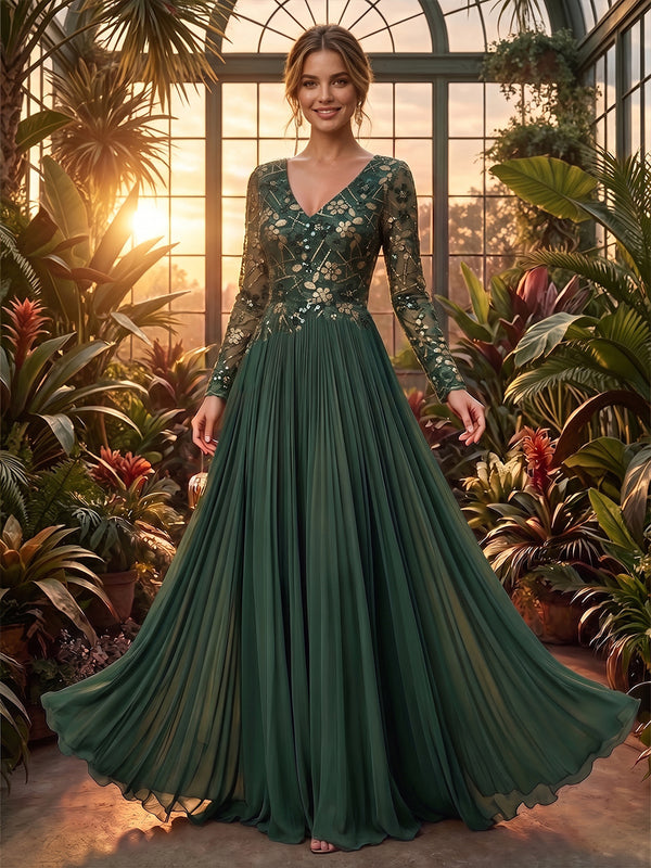 A-Line/Princess V-Neck Chiffon Maxi Formal Dresses with Lace Appliques & Pleats
