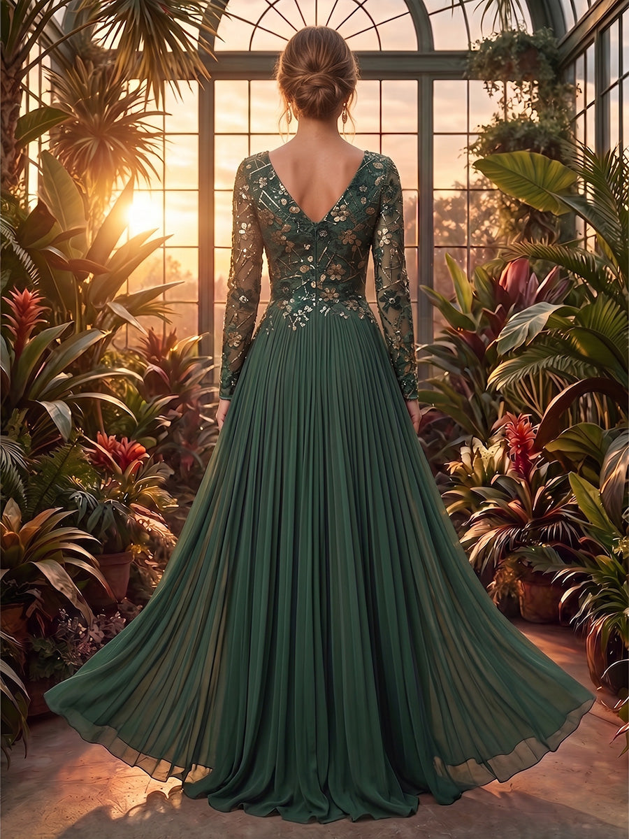 A-Line/Princess V-Neck Chiffon Maxi Formal Dresses with Lace Appliques & Pleats
