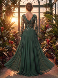 A-Line/Princess V-Neck Chiffon Maxi Formal Dresses with Lace Appliques & Pleats