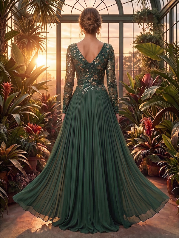 A-Line/Princess V-Neck Chiffon Maxi Formal Dresses with Lace Appliques & Pleats