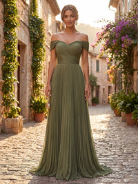 A-Line/Princess Off Shoulder Chiffon Maxi Formal Dresses with Pleats & Ruched Bodice
